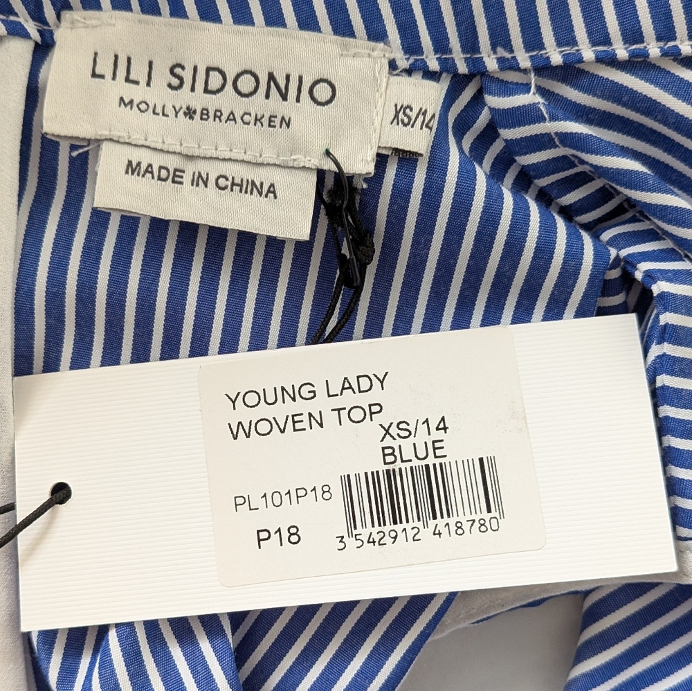 NWT Lili Sidonio Molly Bracken Bow Pinstripe Blue White Sleeveless Blouse Top XS - Picture 8 of 10